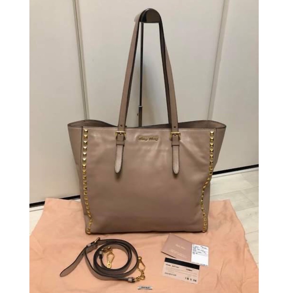 MIUMIU STUDDED TOTE CALF LEATHER WITH STRAP
